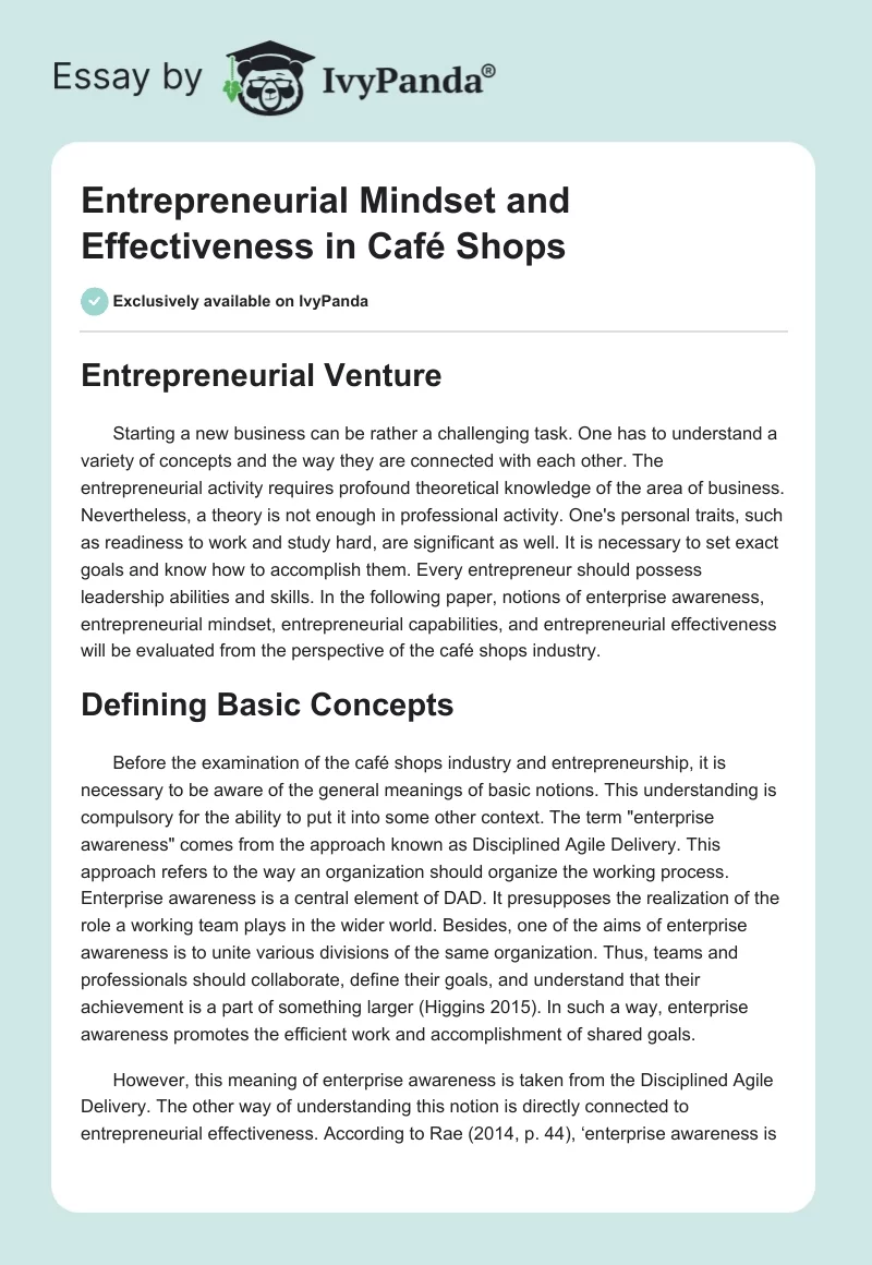 Entrepreneurial Mindset and Effectiveness in Café Shops. Page 1