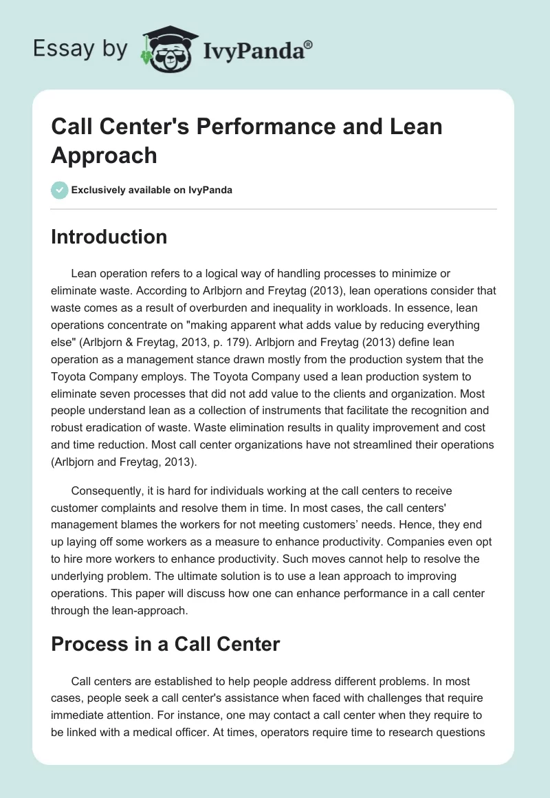 Call Center's Performance and Lean Approach. Page 1