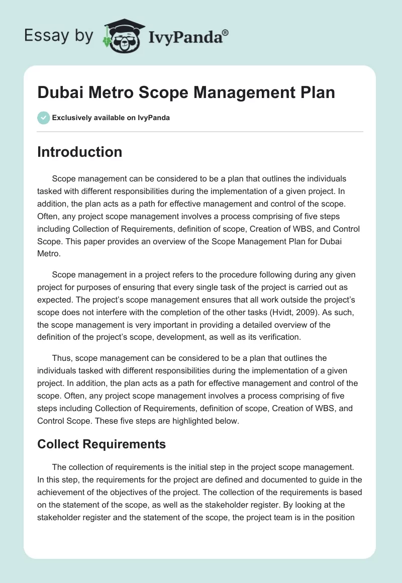 Dubai Metro Scope Management Plan. Page 1