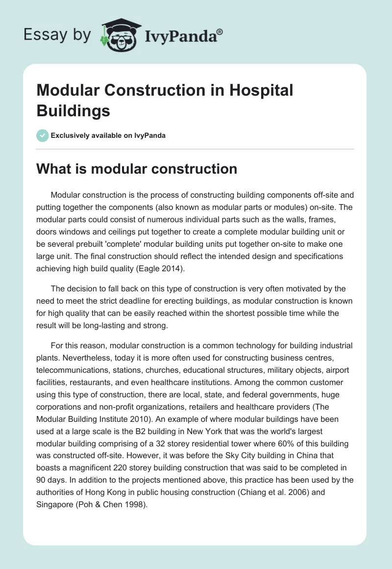 Modular Construction in Hospital Buildings. Page 1