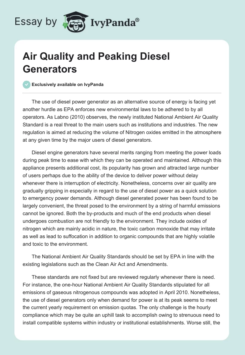 Air Quality and Peaking Diesel Generators. Page 1