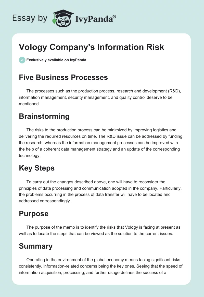 Vology Company's Information Risk. Page 1
