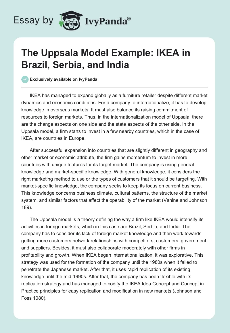 The Uppsala Model Example: IKEA in Brazil, Serbia, and India. Page 1