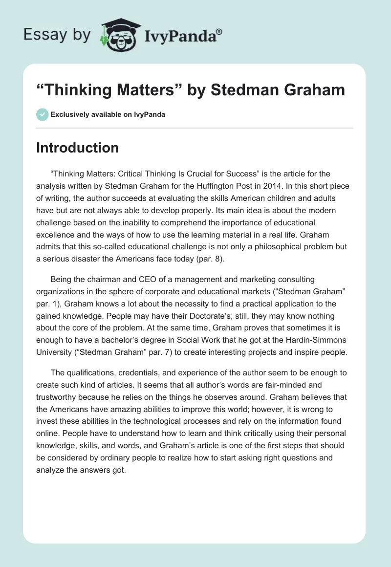 “Thinking Matters” by Stedman Graham. Page 1