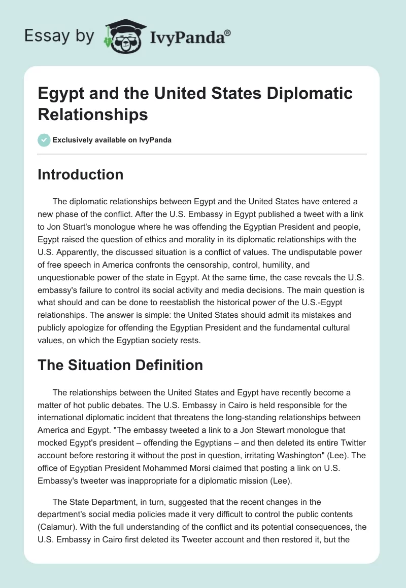 Egypt and the United States Diplomatic Relationships. Page 1