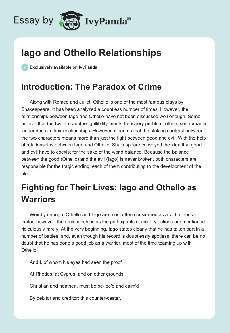 Iago and Othello Relationships. Page 1