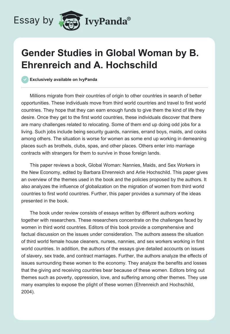 Gender Studies in Global Woman by B. Ehrenreich and A. Hochschild. Page 1