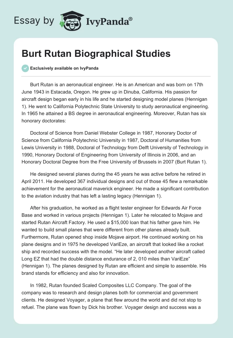 Burt Rutan Biographical Studies. Page 1