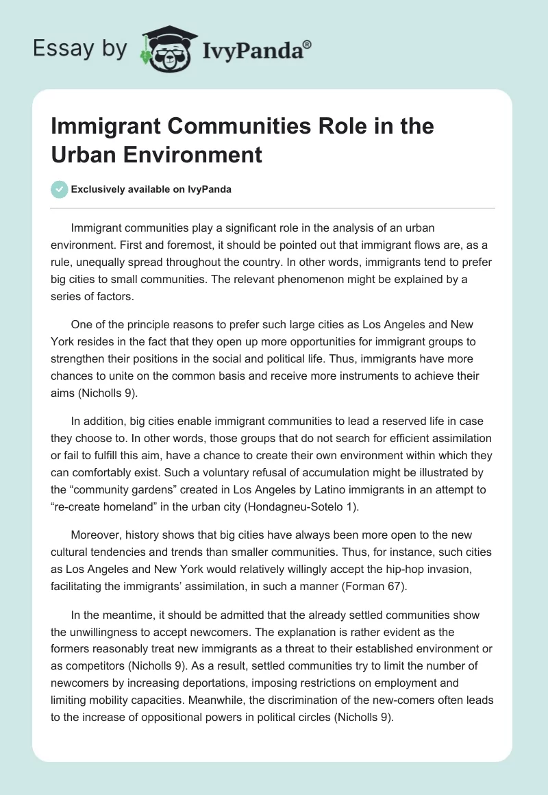 Immigrant Communities Role in the Urban Environment. Page 1