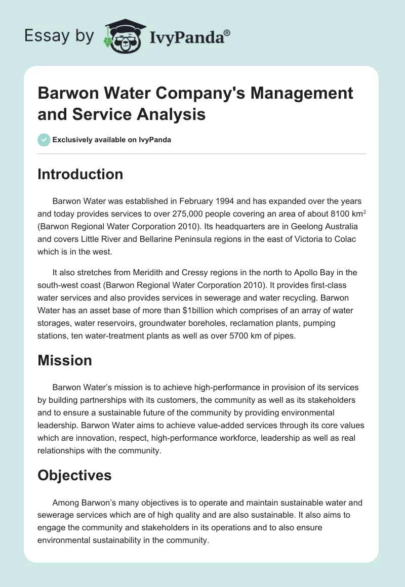 Barwon Water Company's Management and Service Analysis. Page 1