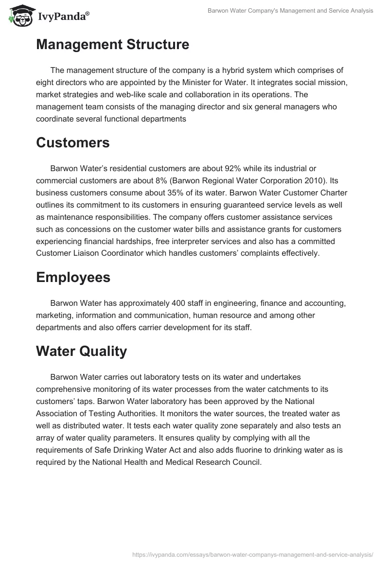 Barwon Water Company's Management and Service Analysis. Page 2