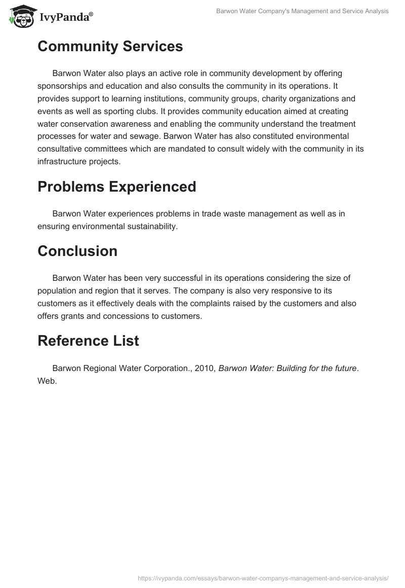 Barwon Water Company's Management and Service Analysis. Page 3