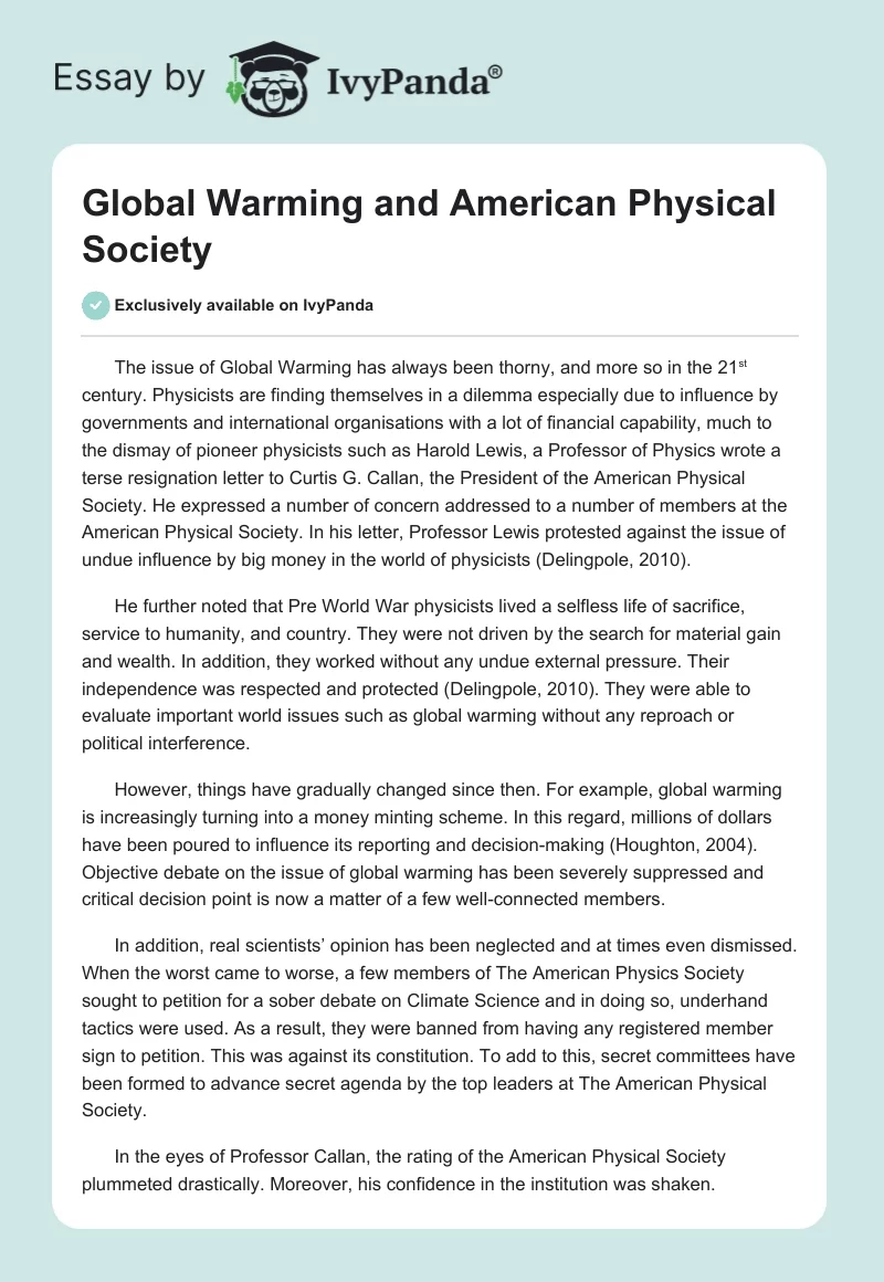 Global Warming and American Physical Society. Page 1
