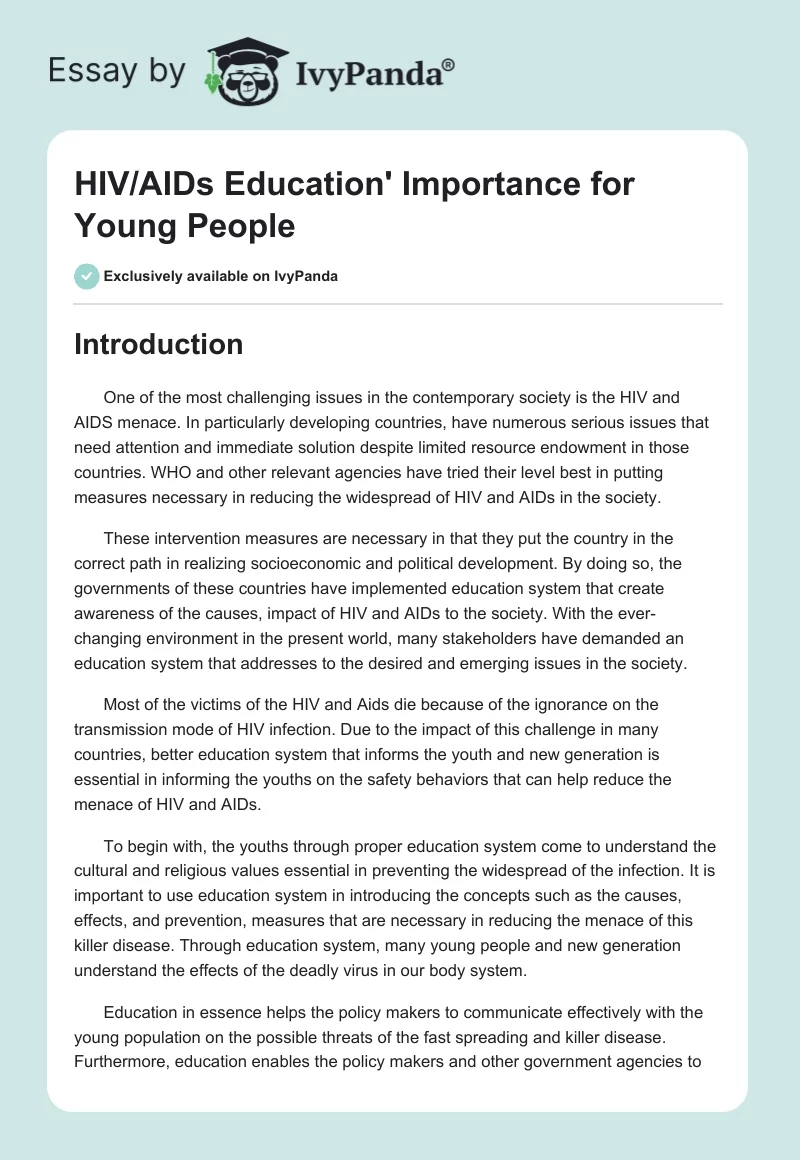 HIV/AIDS Education' Importance for Young People. Page 1