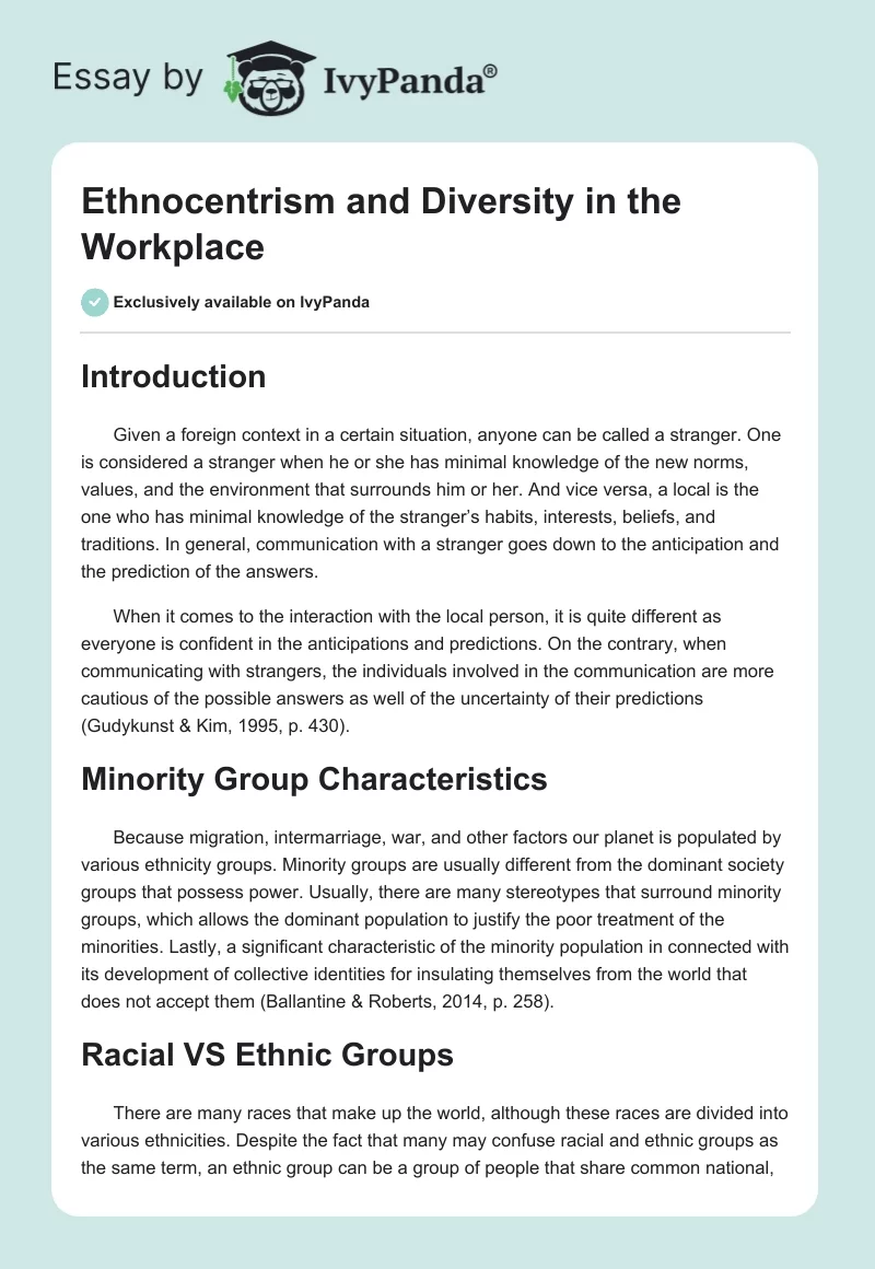 Ethnocentrism and Diversity in the Workplace. Page 1