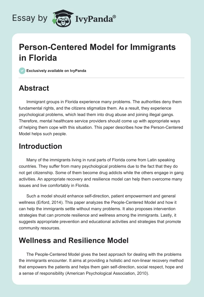 Person-Centered Model for Immigrants in Florida. Page 1