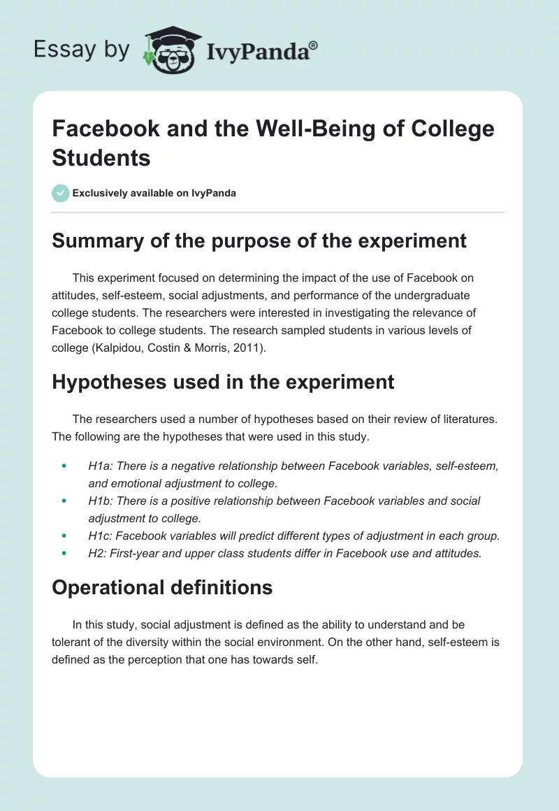 Facebook and the Well-Being of College Students. Page 1