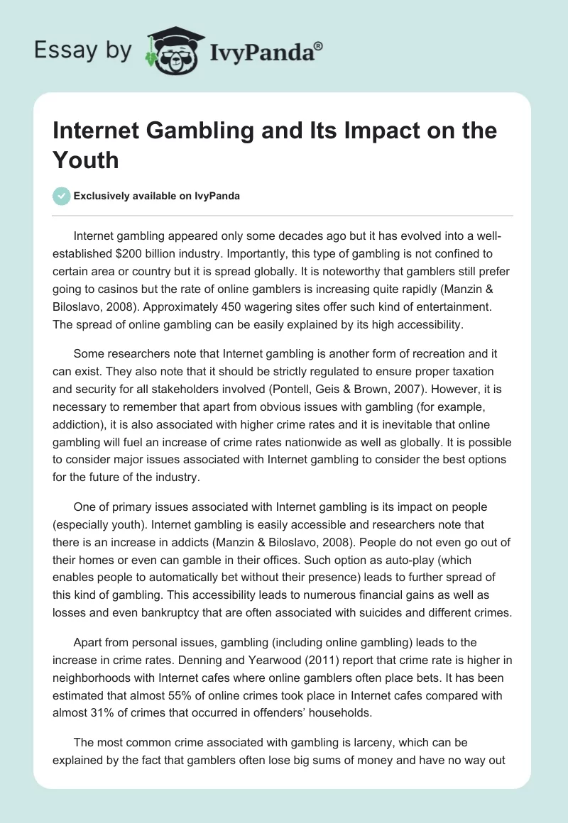 Internet Gambling and Its Impact on the Youth. Page 1