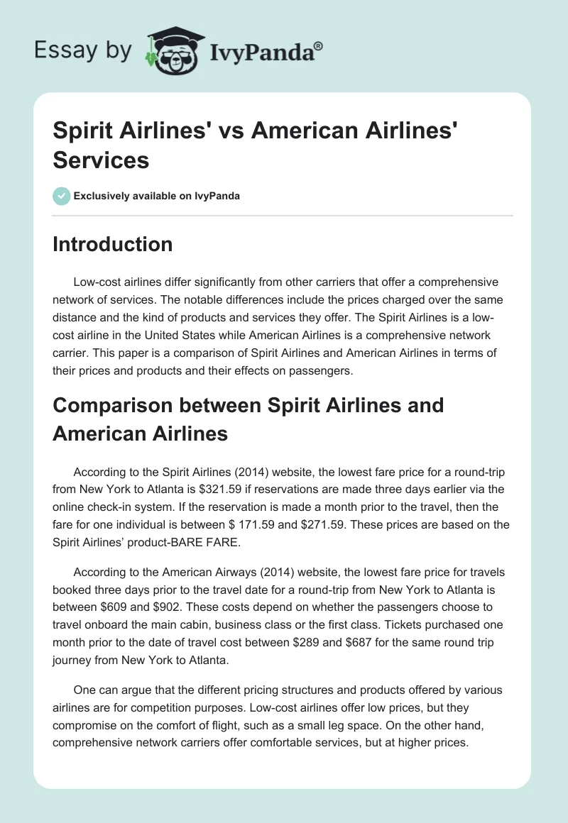 Spirit Airlines' vs. American Airlines' Services. Page 1
