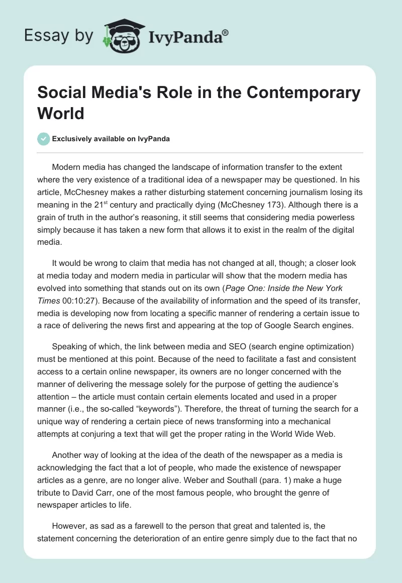 Social Media's Role in the Contemporary World. Page 1