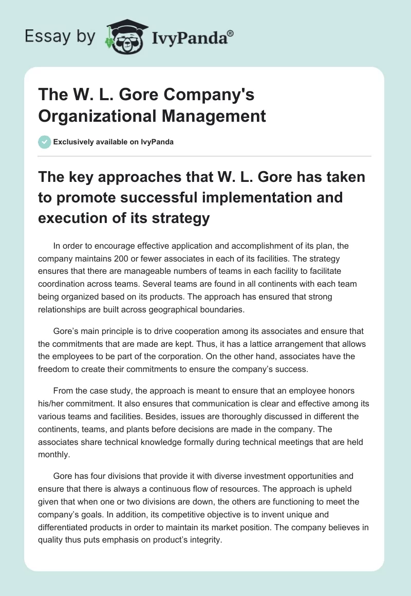 The W. L. Gore Company's Organizational Management. Page 1