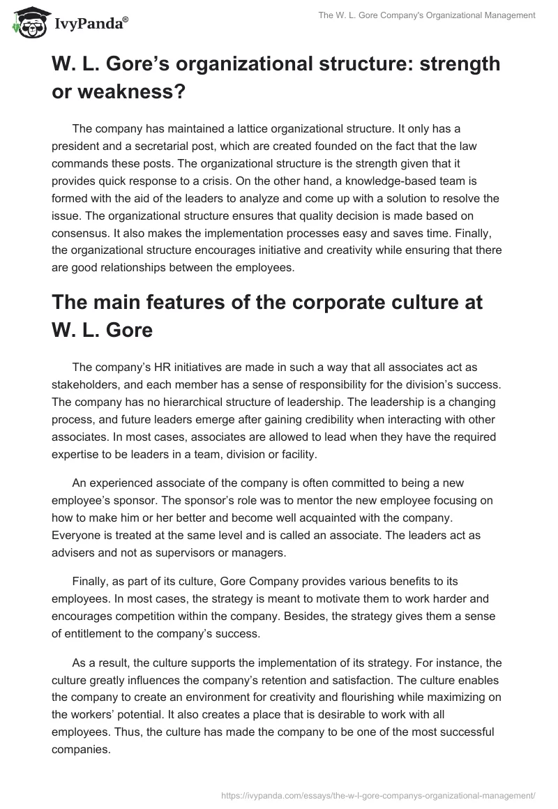 The W. L. Gore Company's Organizational Management. Page 2
