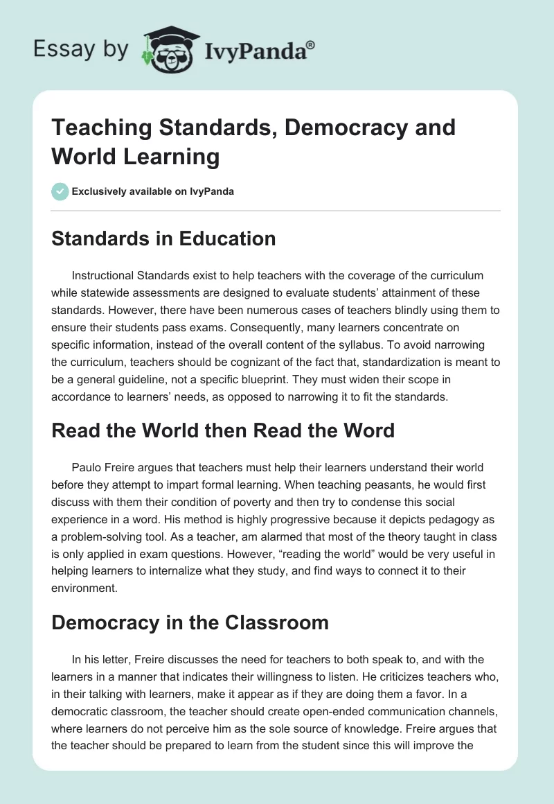 Teaching Standards, Democracy and World Learning. Page 1