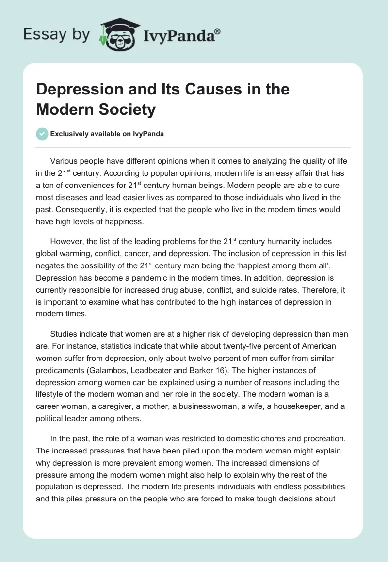 Depression and Its Causes in the Modern Society. Page 1