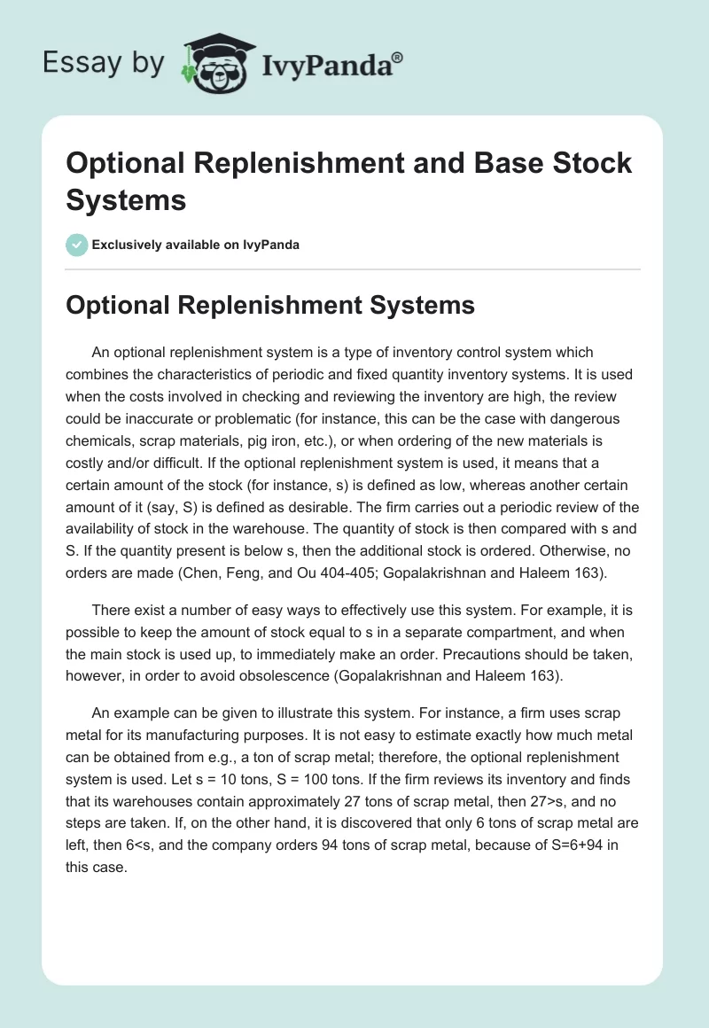 Optional Replenishment and Base Stock Systems. Page 1