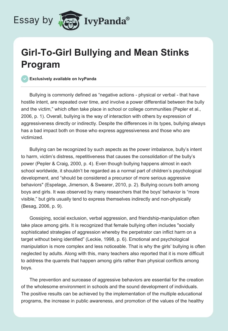 Girl-To-Girl Bullying and Mean Stinks Program. Page 1