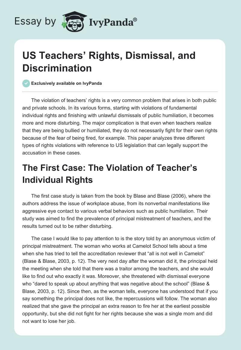 US Teachers’ Rights, Dismissal, and Discrimination. Page 1