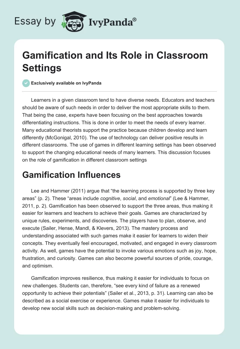 Gamification and Its Role in Classroom Settings. Page 1