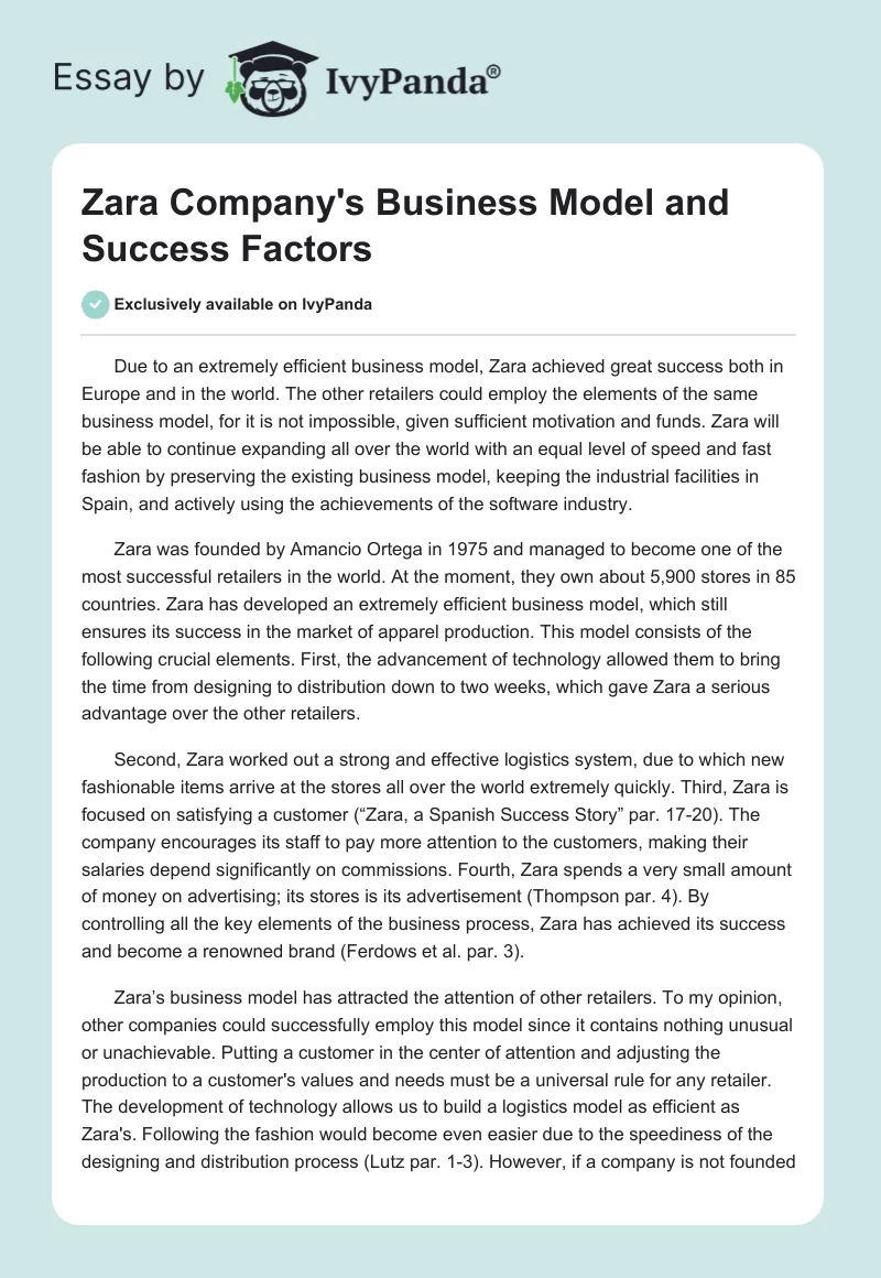 Zara Company's Business Model and Success Factors. Page 1