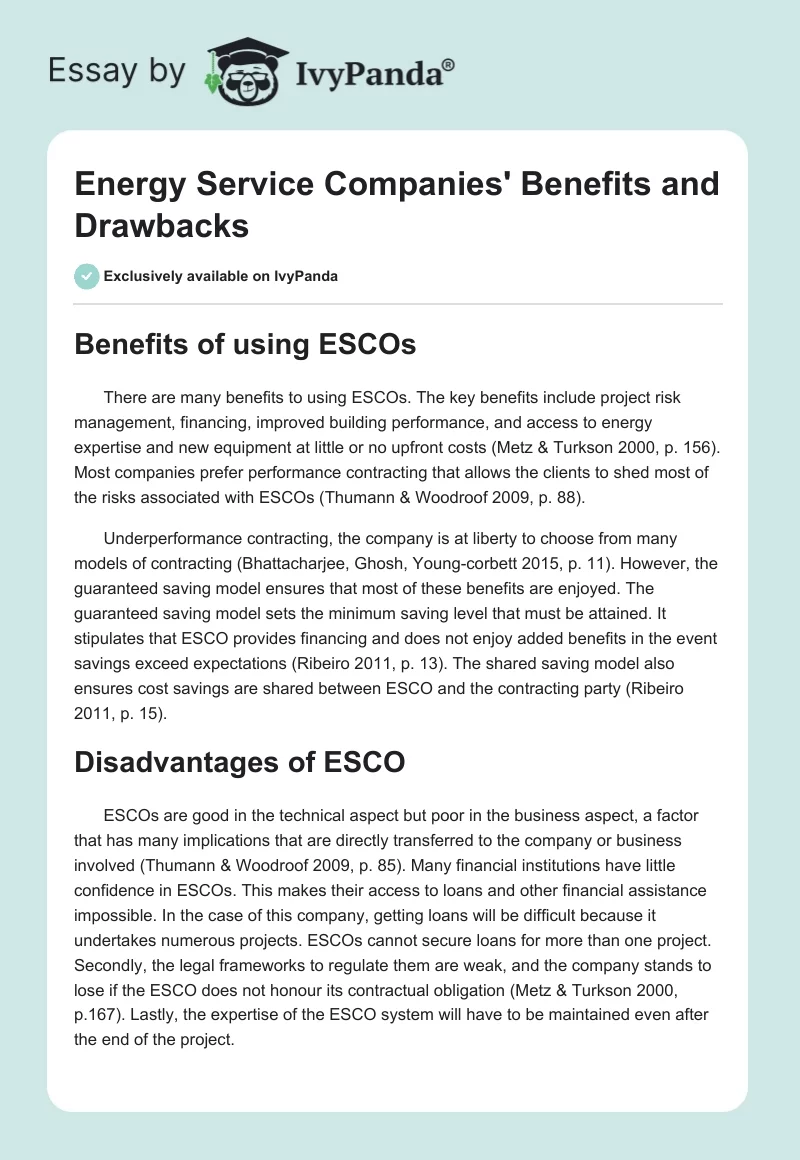 Energy Service Companies' Benefits and Drawbacks. Page 1