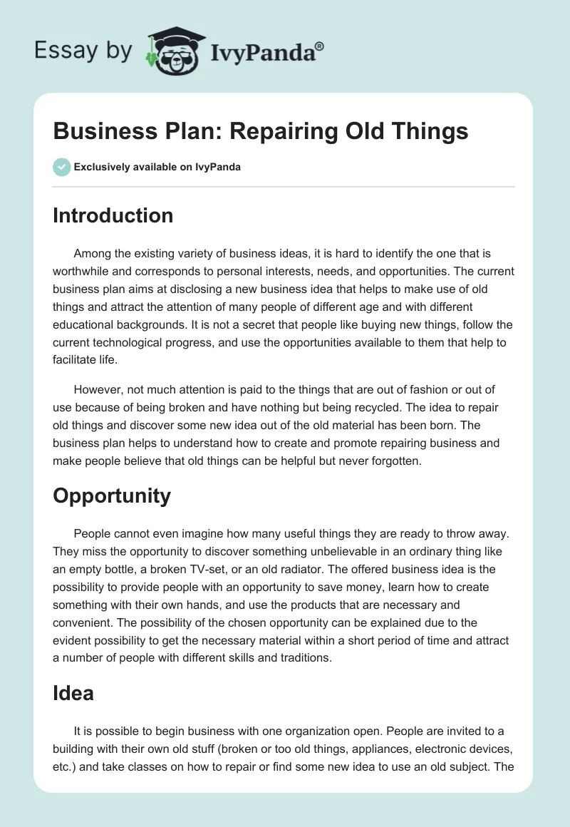 Business Plan: Repairing Old Things. Page 1