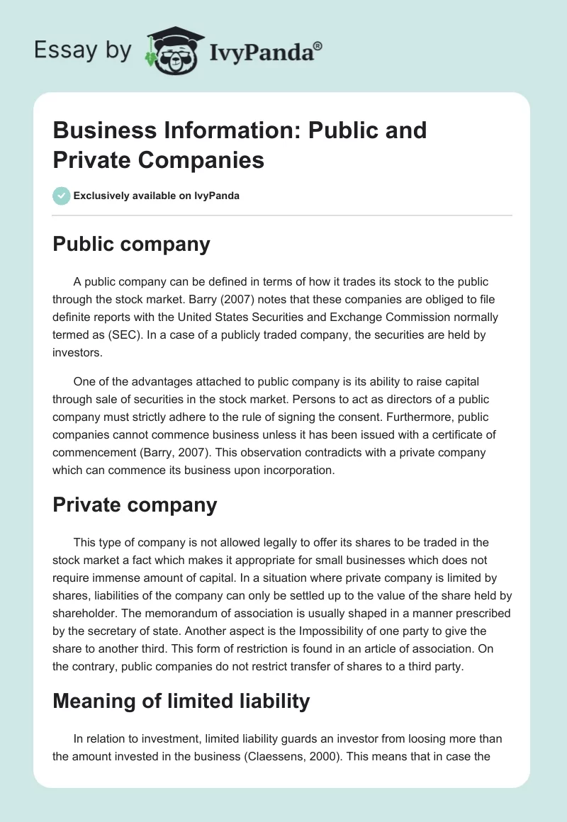Business Information: Public and Private Companies. Page 1