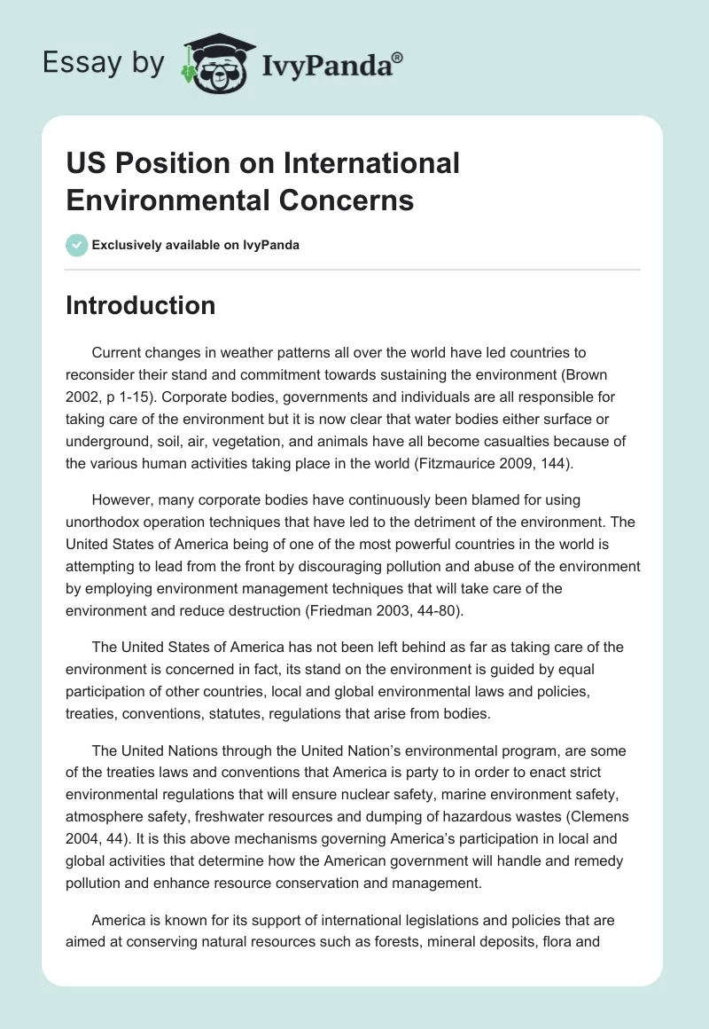 US Position on International Environmental Concerns. Page 1