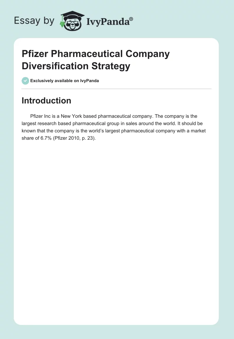 Pfizer Pharmaceutical Company Diversification Strategy. Page 1