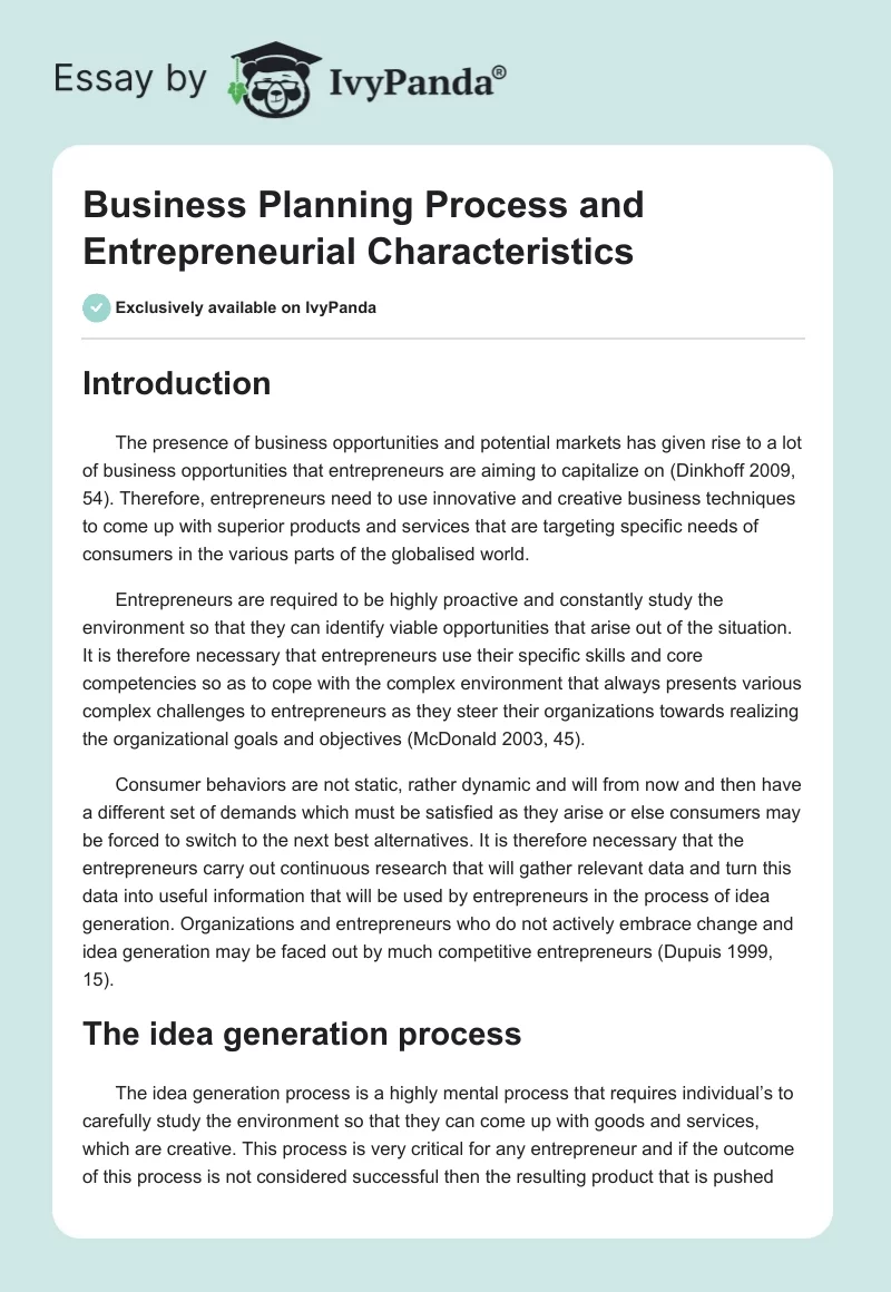Business Planning Process and Entrepreneurial Characteristics. Page 1
