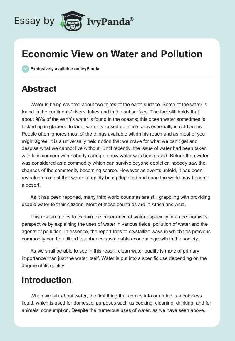 Importance of Water in Economics: Uses, Pollution, and Sustainable Growth. Page 1