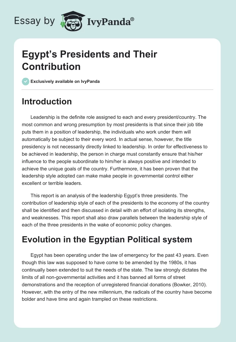 Egypt’s Presidents and Their Contribution. Page 1