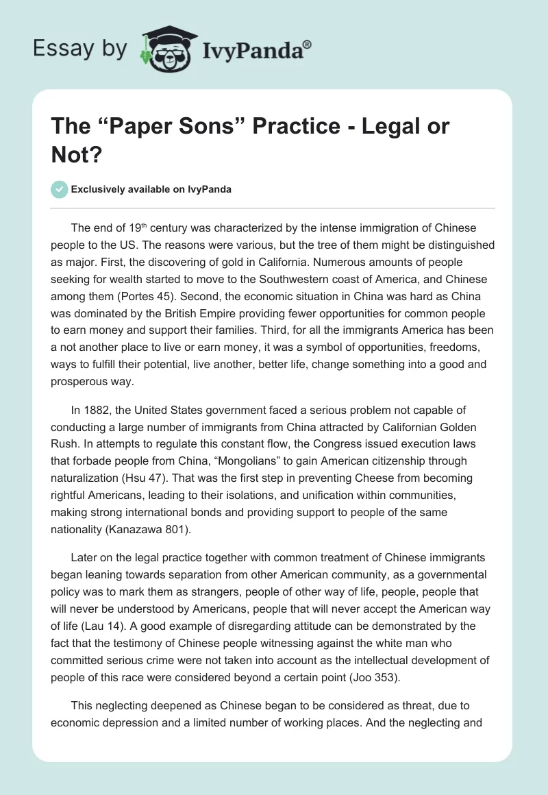 The “Paper Sons” Practice - Legal or Not?. Page 1