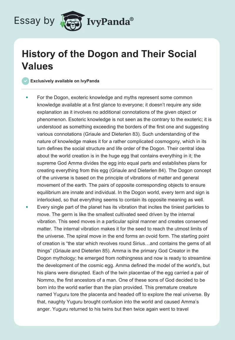 History of the Dogon and Their Social Values. Page 1