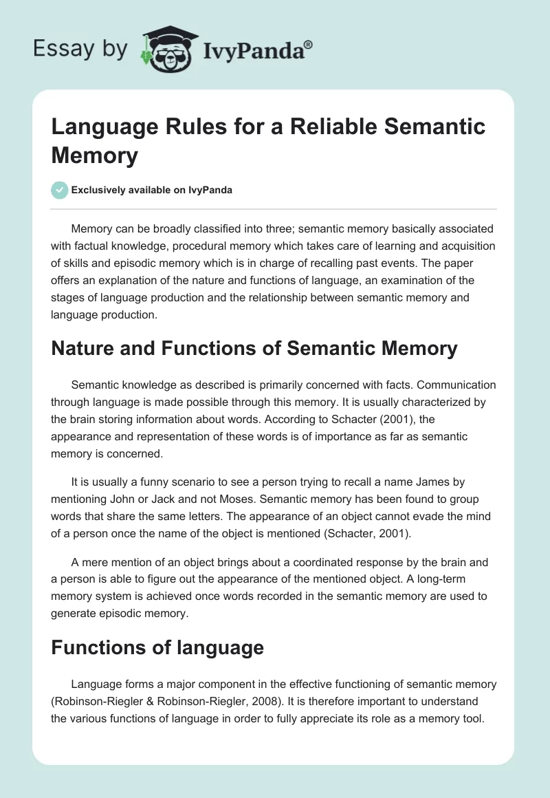 Language Rules for a Reliable Semantic Memory. Page 1