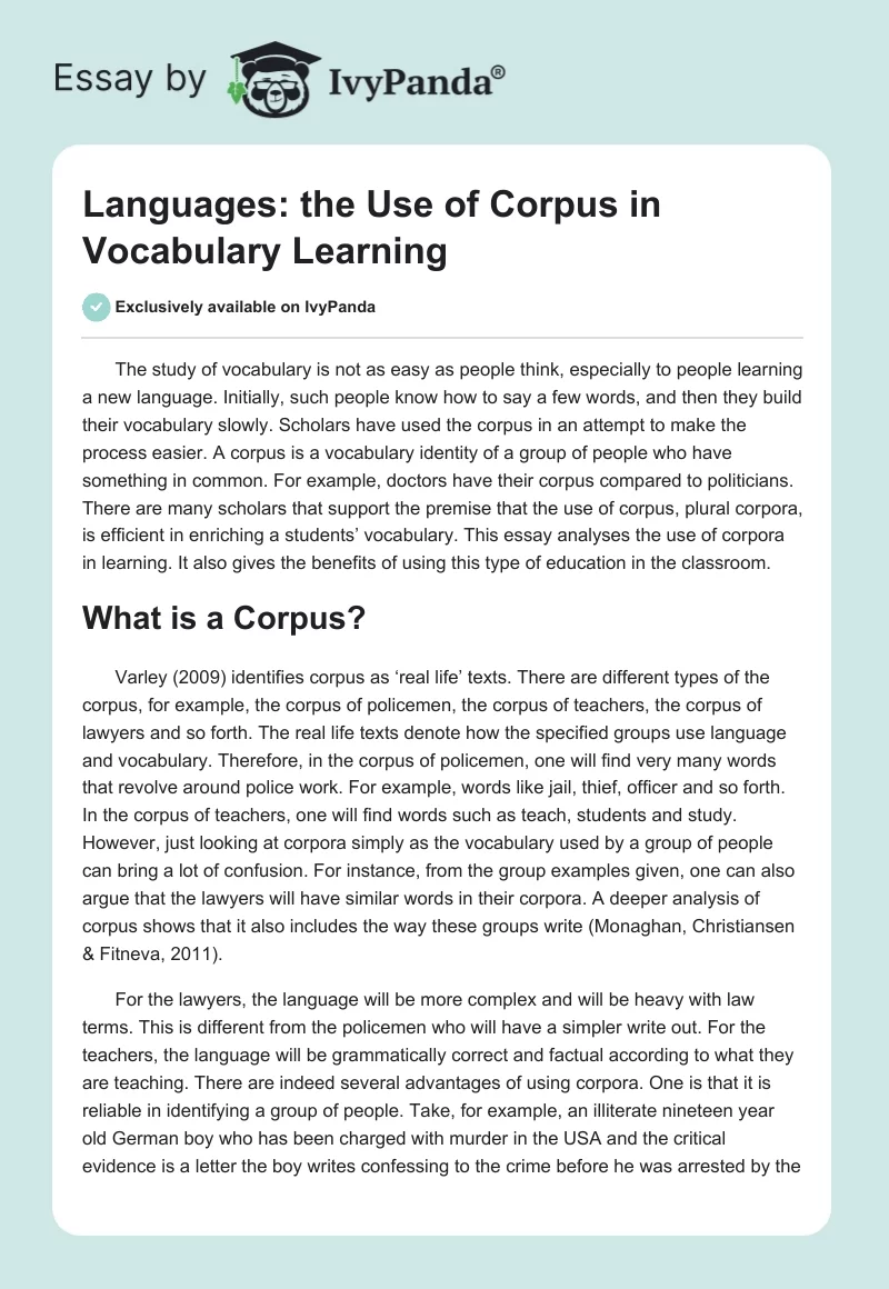 Languages: the Use of Corpus in Vocabulary Learning. Page 1