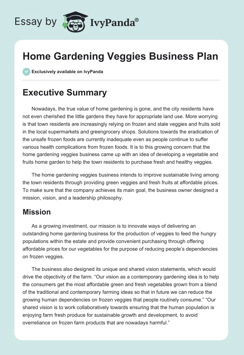 Home Gardening Veggies Business Plan. Page 1