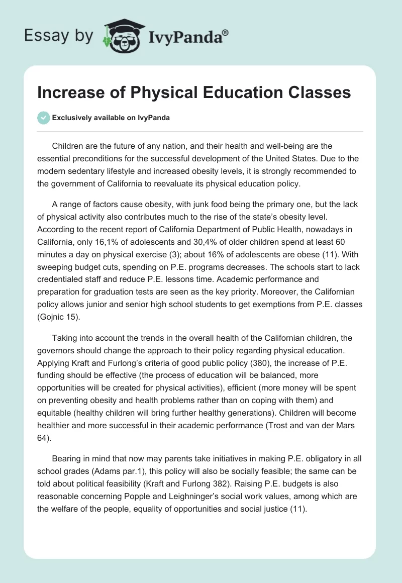 Increase of Physical Education Classes. Page 1