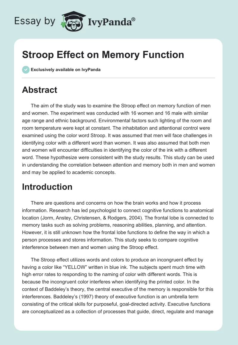 Stroop Effect on Memory Function. Page 1