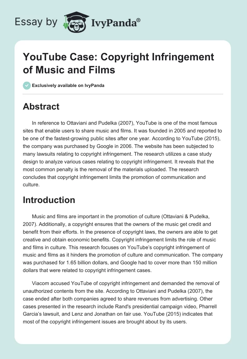 YouTube Case: Copyright Infringement of Music and Films. Page 1