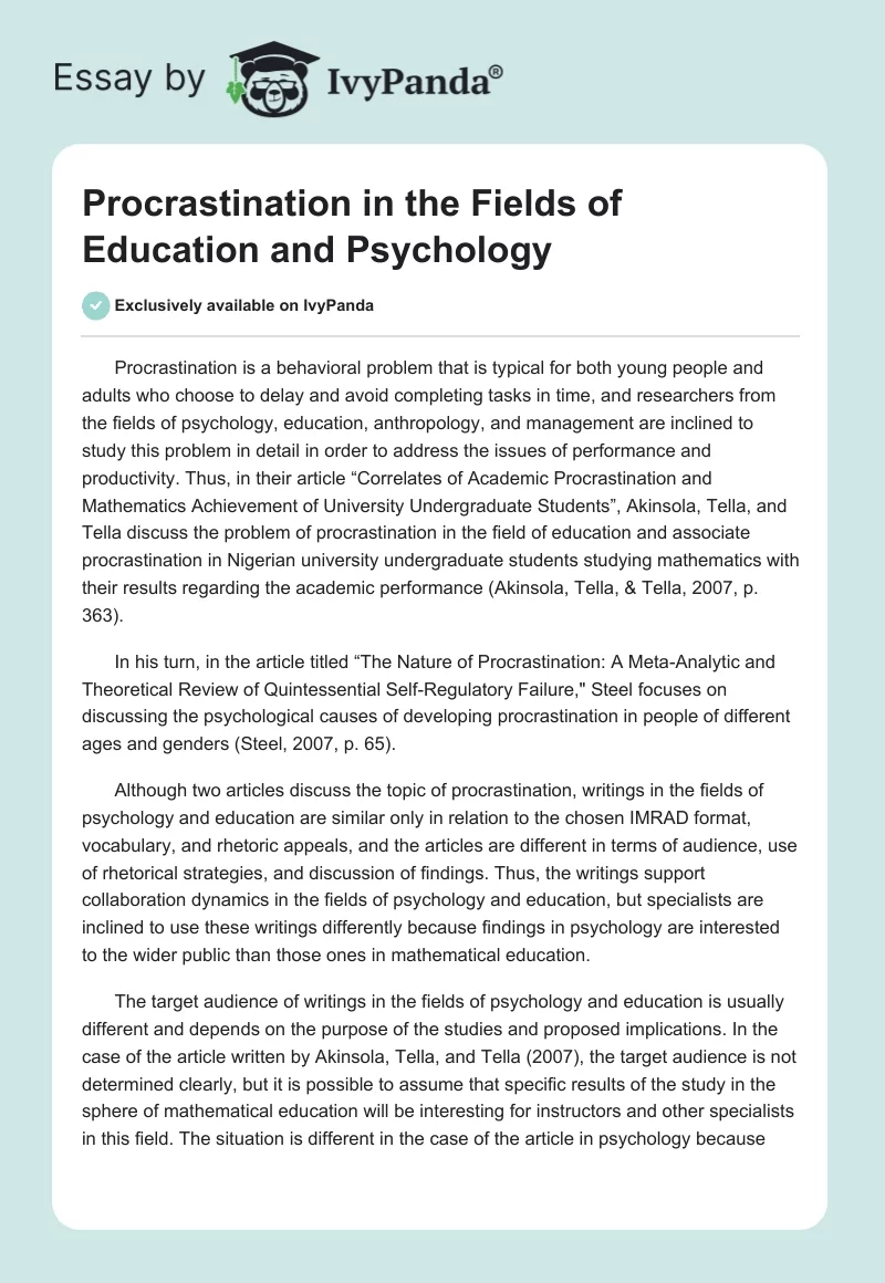 Procrastination in the Fields of Education and Psychology. Page 1